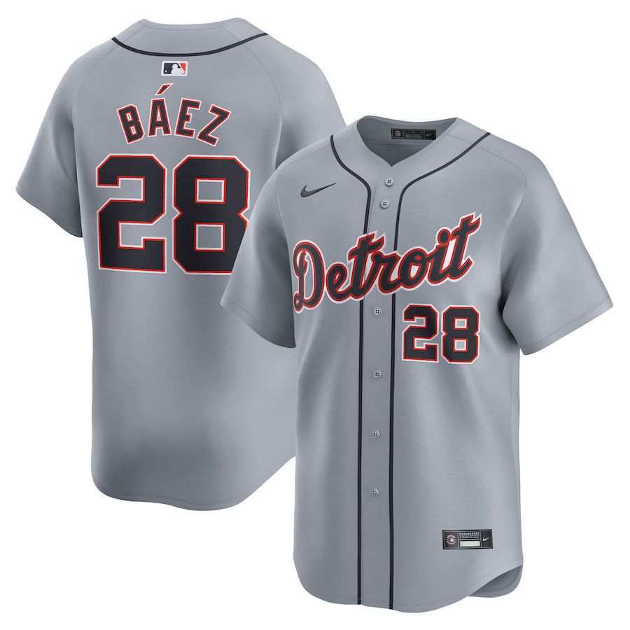 Men Detroit Tigers 28 Javier Baez Nike Gray Road Limited Player MLB Jersey